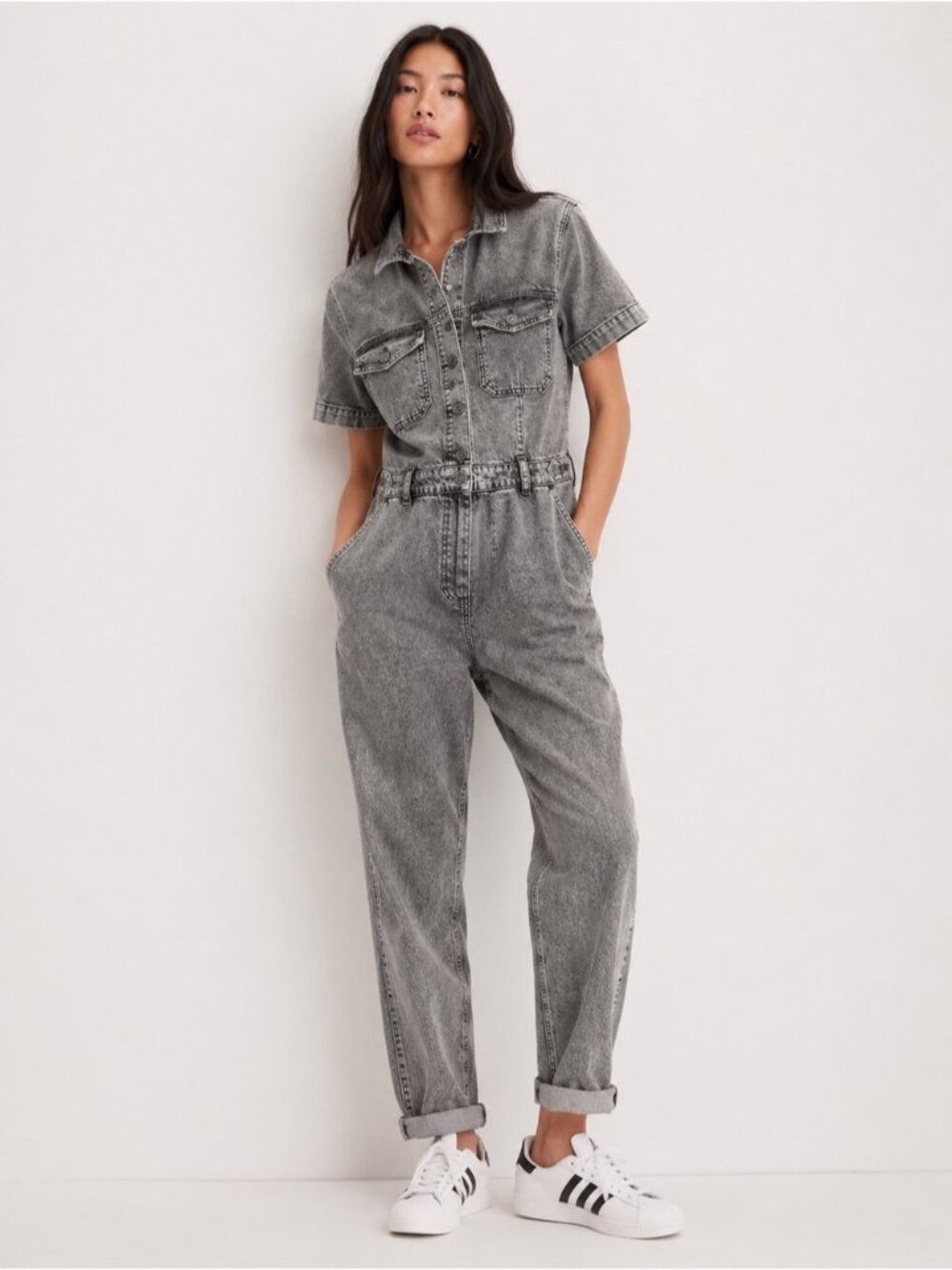 GAP Acid Wash Denim Utility Jumpsuit Petite 10 Grey Short Sleeve